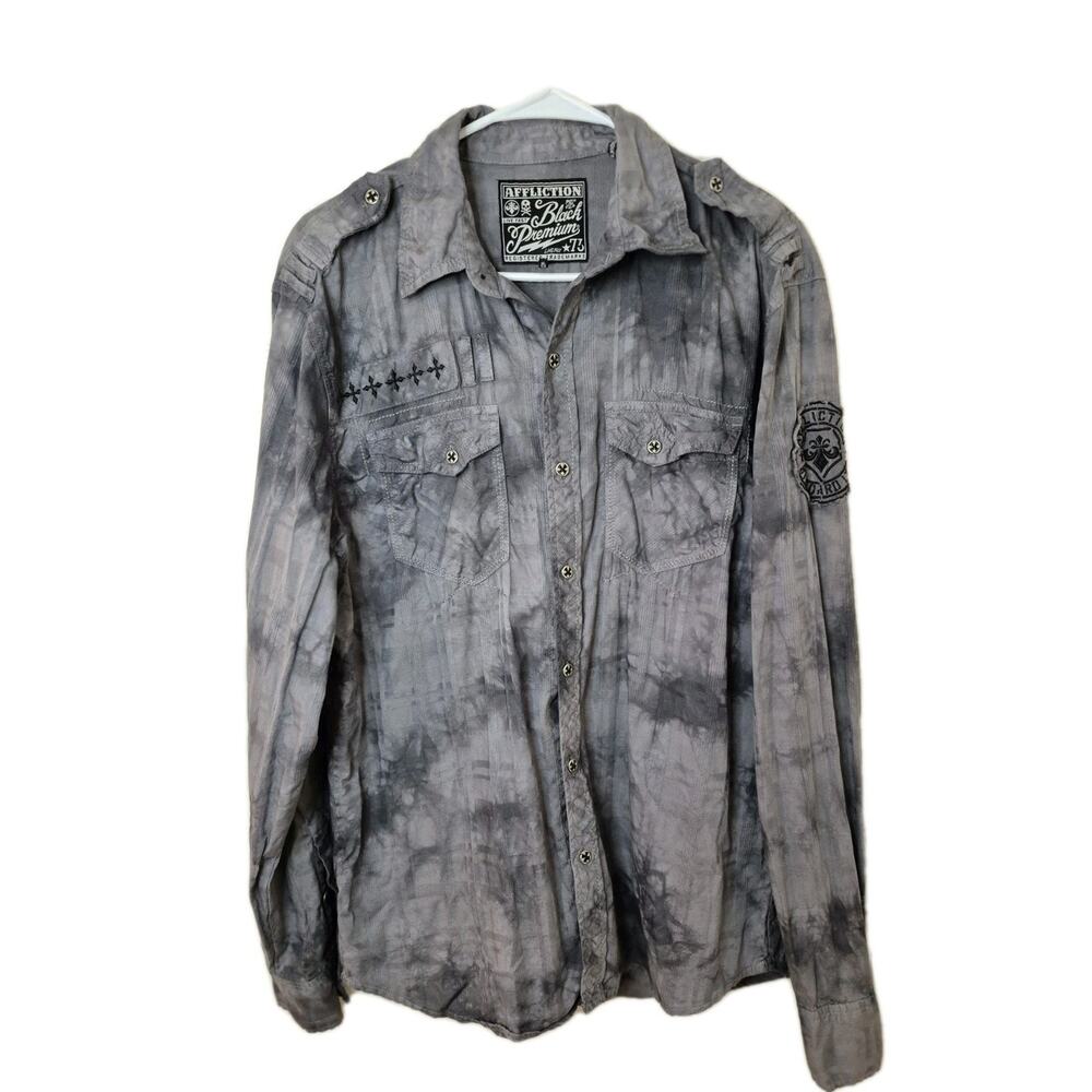Affliction Black Premium Shirt Men L Black Button Up Cross Biker Embroidery